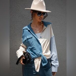 Colorblock Button Down Corduroy Shacket Long Sleeve Button Down Blouse